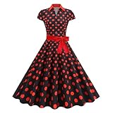 FGVFCS 1950er Jahre Kleider für Damen, Vintage-Midikleid, gepunktet, Swing-Kleid mit Gürtel, Knopfleiste, Retro-Kleid, A-Linie, Skater, Hausfrau, Reverskragen, elegantes Cocktailkleid, Party,