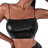 Lack Leder Y2k Crop Top Damen LederOptik Tank Top Bauchfrei Wetlook Ärmellos Shirts Kurz Tanktop PU Leder Spaghetti BH Tops Bauchfreies Oberteile Slim Fit Weste Bluse Sexy Party Clubwear Tops