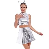 Alien Kostüm Damen Sexy Metallic Kleider Silber Top+ Glänzend Rock+ Alien Haarreif Space Girl Kostüm Wetlook 80er Festival Karneval Halloween Cosplay Clubwear Holographic Rave Outfit Silber07 M