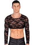 Yihuimin Herren Crop Top Transparent Top Spitze Hemd Langarm Shirts Eng Stretch Top Sissy Oberteile Gogo Party Clubwear Schwarz XXL