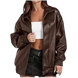Guhmomh Lederjacke Damen Motorrad Jacke Mode übergangsjacke Oversized Kunstlederjacke Zip up Lederimitat Jacke Leder Mantel Freizeit Bikerjacke Bomberjacke College Jacke Streetwear Teenager Kaffee M