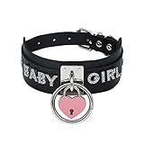 paloli Schwarzes Herz-Vorhängeschloss, O-Ring, Choker-Halskette für Frauen, Punk, Gothic, Buchstabe, Lederhalsband, rosa Vorhängeschloss, Cosplay-Schmuck, 19', Leder, veganes Leder, Strass