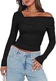 TrendiMax Damen Langarmshirt Elegant Stretch Pullover Slim Fit One Off Shoulder Oberteil Langarm Tshirts Schulterfrei Asymmetrischer Sexy Enge Tops Y2K Crop Top (XL, Schwarz)