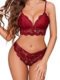 Avidlove Sexy Damen Dessous Set Spitze BH Unterwäsche und Slip Verstellbare Strapsen Babydoll Reizwäsche Lingerie und Höschen Nachtwäsche Outfit Rot XL