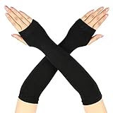 Geyoga Lang Schwarz Fingerlos Handschuhe Armstulpen Ellenbogenlange Winter Thermo Dehnbar Strickhandschuhe mit Daumenloch für Damen