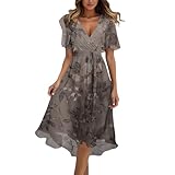 Chiffonkleid Damen, Abendkleider Damen Lang Elegant Chiffon Cocktailkleid Summer Kleid Knielang Tunika BindegüRtel Hohe Taille Kleider Dress for Women Freizeitkleid Sommerkleid, L