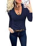 Fessceruna Damen Langarmshirt Sexy Oberteil mit V-Ausschnitt Basic Longsleeve Shirt Slim Fit Pullover(Navy, L)