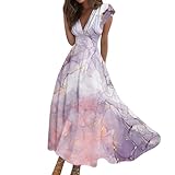 Vasreyy Kleid Mit Schlitz, T Shirt Kleid Damen Crossdresser Kleid Bunte Marmor Bedrucktes V-Ausschnitt Kurzarm Maxi Kleider Volant Kleid Damen Tüll Kleid(M,Rosa)