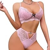 Satohom Sexy Dessous für Frauen Durchscheinender Florale Spitzen-BH und Höschen-Set Zweiteilig Damen Komfort Weich Bralette und Slip Lingerie Set Erotische Tiefer V-Ausschnitt Reizwäsche