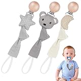 Vicloon Schnullerkette Baumwolle,3 Stück Schnullerkette Baby for Mädchen und Jungs,Baby Schnullerkette Clip Geschenk zum Baby -Bär