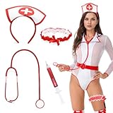 KUMSODE Set Sexy Krankenschwester, mit Haarreif, Stethoskop, Strumpfband und Spritzenstift, Arzthelferin, Ärztin, Beruf, Kostüm, Mottoparty, Karneval