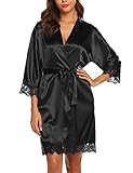 BESDEL Damen Satin Kimono Robe Einfarbig Kurze Länge Nachtwäsche Halloween Kostüm Schwarz M