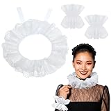 Josojoou 3er-Pack Spitze Rüschen Kragen Manschetten Set Weiß Spitzenkragen Halskrause Manschetten 1 Paar Lolita-Ärmel Und 1 Spitze Halsausschnitt Für Clown Kostüm Halloween Cosplay Party
