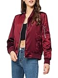 YEABEDA Satin-Bomberjacke für Damen, lässig, Herbst, Varsity-Jacken, Reißverschluss, Oberbekleidung, Windbreaker mit Taschen, Weinrot, M