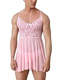 FYMNSI Herren Sissy Crossdressing Kleid Dessous Reizwäsche Transparent Spitze Negligee Dessous Nachtkleid mit String Nachtwäsche V-Ausschnitt Unterhemd Schlafkleid Unterwäsche Rosa L
