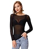 Mesh Oberteil Langarm T-Shirt Tops Durchsichtig Bluse Schwarz Mesh Top 1047 Large