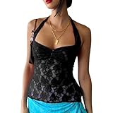 Himllauen Damen Lace Ärmellos Neckholder Sexy Rückenfreies Oberteil Y2k Top für Club Party (Schwarz, M)