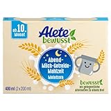 Alete bewusst Abend-Milch-Getreide-Mahlzeit Mehrkorn, ab dem 10. Monat, trinkfertige Babynahrung mit Vollkornhafer, Ersatz zu Babybrei, warm oder kalt trinken, 400 ml (2 x 200 ml)