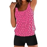 Tankini Damen Bauchweg Zweiteilig Badeanzug Push up Bademoden Plus Große Größen Tankini Set Tankini Oberteil mit Badeshorts Elegant Sommer Badeanzüge Strand Schwimmanzug Tank Top Shorts (Hot Pink, M)