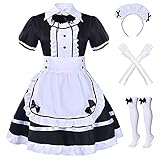Alaiyaky Maid Dress Cosplay Damen Anime Maid Kleid,7Pcs Set Kleidung mit Handschuhe Strümpfe Kopfbedeckung Schürze für Halloween Karneval Kostüm (S, Maid Kleid)