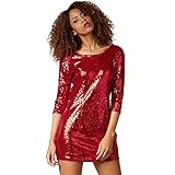 dressforfun 900892 Kurzes Damen Pailletten Glitzer Kleid, Langarm, Trägerkleid (L | Rot)