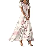 Sommerkleid Damen Lang V-Ausschnitt Freizeitkleid Sommerkleider Hochzeitsgast Beach Urlaub Partykleid Urlaubskleid Solide Farbe Elegant Strandkleid Sommer Maxikleid Boho Kleid（1-Pink，XL）