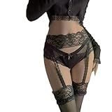 EROSPA® Straps-Strumpfhose mit Strapsgürtel aus floraler Spitze - Damen - Einheitsgröße S-L