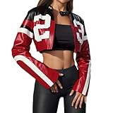 Duohropke Lederjacke Damen Cropped Jacke Lässig Motorradjacke mit Reißverschluss Stehkragen Bikerjacke Y2K Brief Bomberjacke Kunstlederjacke Gothic Punk Jacke Übergangsjacke Streetwear