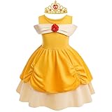 BSBUY Belle Kostüm Kinder Mädchen 2Pcs Prinzessin Kleid Kinder mit Krone Cosplay Outfit Gelbes ärmelloses Princess Costume für Verkleidung Karneval Halloween Geburtstag Cosplay Kostüm for Girls (110)