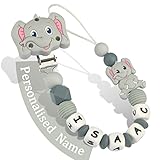 Schnullerkette mit Namen Jungen mädchen Personalisiert Schnullerclip Elefant(Grau)