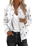 Zeagoo Bomberjacke Damen Kurze Herbst Dünne Blouson Basic Bikerjacke Outdoorjacke Frühlings Fliegerjacke Winterblouson Weißer Druck XL