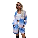 HEYPORK Damen Herbst Winter Warm Bequem Jacke Casual Mode übergangsjacke Mantel Frauen Pullover Regenbogen Mittlere Länge Strickjacke Tasche Gestrickt Jacke(Blau, 3XL)