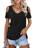 Beluring Schulterfreie Oberteile Damen Lose Kurzarm Tshirt Sexy V-Ausschnitt Bluse Schwarz XL