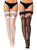 SATINIOR Oberschenkelhohe Socken mit Schleife 2 Paar Halterlose Spitze Strümpfe Damen Strapsstrümpfe für Halloween (Schwarz, Weiß)