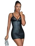 comeondear Sexy Lederkleid Damen Spitze Kleider Wetlook Dessous Set Kunstleder Partykleid Minikleid Clubwear Große Größen Reizwäsche Schwarz L