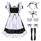 Maid Dress, 9PCS Maid Outfit Halloween Kostüm Damen Mädchen, Cosplay Sexy, Cosplay Anime Kostüm, Dienstmädchen Sexy Kostüm mit Halskette Beinringe Schürze Kopfschmuck Manschettenknöpfe Socken