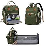 Fexkean Wickeltasche Rucksack Baby Wickelrucksäcke Reisewindeltasche mit faltbarem Kinderbett mit Multifunktions Babytaschen Wickelauflage Babybettrucksack-Grass Green