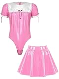 Agoky Herren Sissy Dessous Set Sexy Wetlook Dienstmädchen Body und Lack Leder Rock Crossdresser Cosplay Halloween Mottoparty Outfits Rosa 3XL