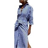 Klassisches gestreiftes Hemdkleid mit Schnürung, Hemdkleid mit Reversschlitz, Damen-Hemdkleider, lässiges Revers, 3/4-Ärmel, gebunden und geknöpft (Blue,S)