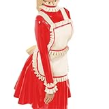 Ichlovdu Echt Latex Schürze Spitze Bondage Sm Apron Damen Rubber Erotic Kleidung Sexy Cosplay (weiß rot)