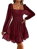 Imily Bela Damen Kleider Square Neck Partykleid Mesh Minikleid High Waist Falten Langarmkleid Hochzeitsgast mit Rüschen(Weinrot, M)