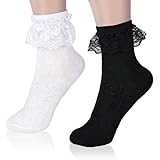 Tyqour 2 Paar Rüschen Socken für Damen, Rüschen Spitze Damen mit Socken Weiche Baumwollsocken Süße Spitzensocken, Schwarz-Weiße, Rüschensocken Set, Süße Ballettsocken für Damen und Mädchen
