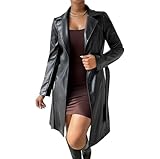Generisch Damen Sexy PU-Leder Freizeit Lange Ärmel Revers Langer Stil Windjacke Mantel Bühne Nachtclub Zeigen Kleidung,Schwarz,S