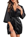 Avidlove Bademantel Damen Kimono Robe mit Gürtel Leichter Morgenmantel V-Ausschnitt Nachthemd für Braut spitze Nachtwäsche Schwarz XXL