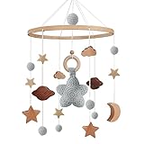 Mobile Baby - Mobile babybett Baby Spielzeug mit Häkeln Stern Mond Wolken Grau Baby Mobile für bett | Holz Mobile Baby Windspiel Geschenk für mädchen oder Jungen