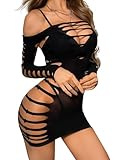 Buitifo Sexy Dessous-Kleid für Damen Fischnetz Bodycon Minikleid Outfit Mesh Chemise Babydoll(ccq,Schwarz,M)