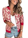 ECOWISH Damen Casual Jacke Blumenmuster Langarm Bomberjacke Reißverschluss Stehkragen Outwear Kurz Coat Herbst Frühling 03Rot L