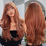 Allbell Long Wavy Ginger Perücke Damen mit Pony Rot Braune Perücke Hitzebeständig Synthetische Faser Wig für den Täglichen Gebrauch Party