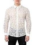 JOGAL Herren Transparent Blumen Spitze Button Down Langarm Hemd Medium WeißHahnenkamm