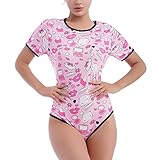 FYMNSI Damen ABDL Body Nette Einteiler Bodysuit Baumwolle Kurzarm T-Shirt Unterhemd Druckkn�pfe im Schritt Karikatur Jumpsuit Playsuit Unterw�sche Nachthemd Pyjamas Nachtw�sche Rosa Schminke S
